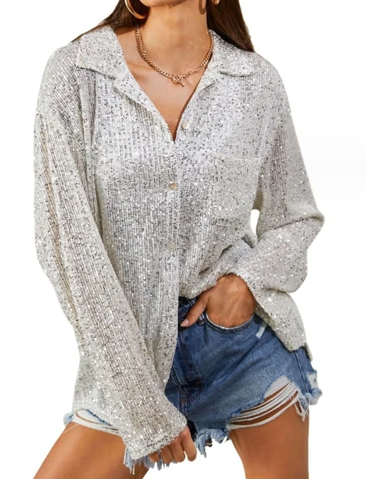 Fashion Sequin Lapel Temperament Casual Shirt Women's New Hot Selling Fashion 2023 Spot Loose Fitting Long Sleeves women s 2023 new hot selling popular casual fashion contrast color splice sequin lace up jumpsuit in large quantity in stock