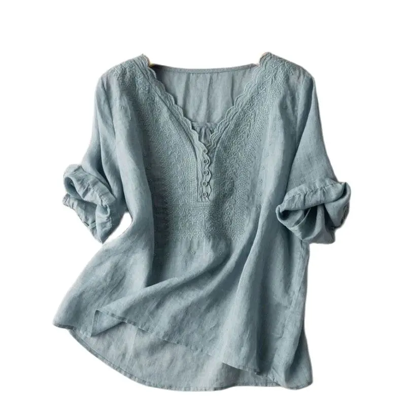

2023 Summer Women Solid Thinner Cotton T-Shirt V Neck Emboidery Ruffle Decorating Button Closure Loose Fit Short Sleeve Top