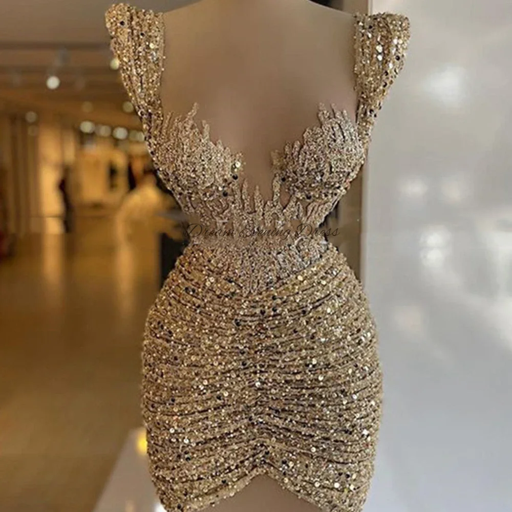 2023 Champagne Pleated Sweetheart Miniskirt Sequin Beaded Cocktail Dress Mermaid Short Dresses Prom Evening Dresses For Women