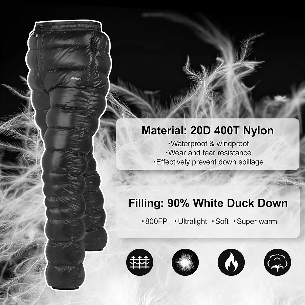 Mapleaf 800FP Down Pants Ultralight Warm Winter Snow Pants With Zipper Pockets Windproof Waterproof Camping Home Mountain Skiing hiking pants