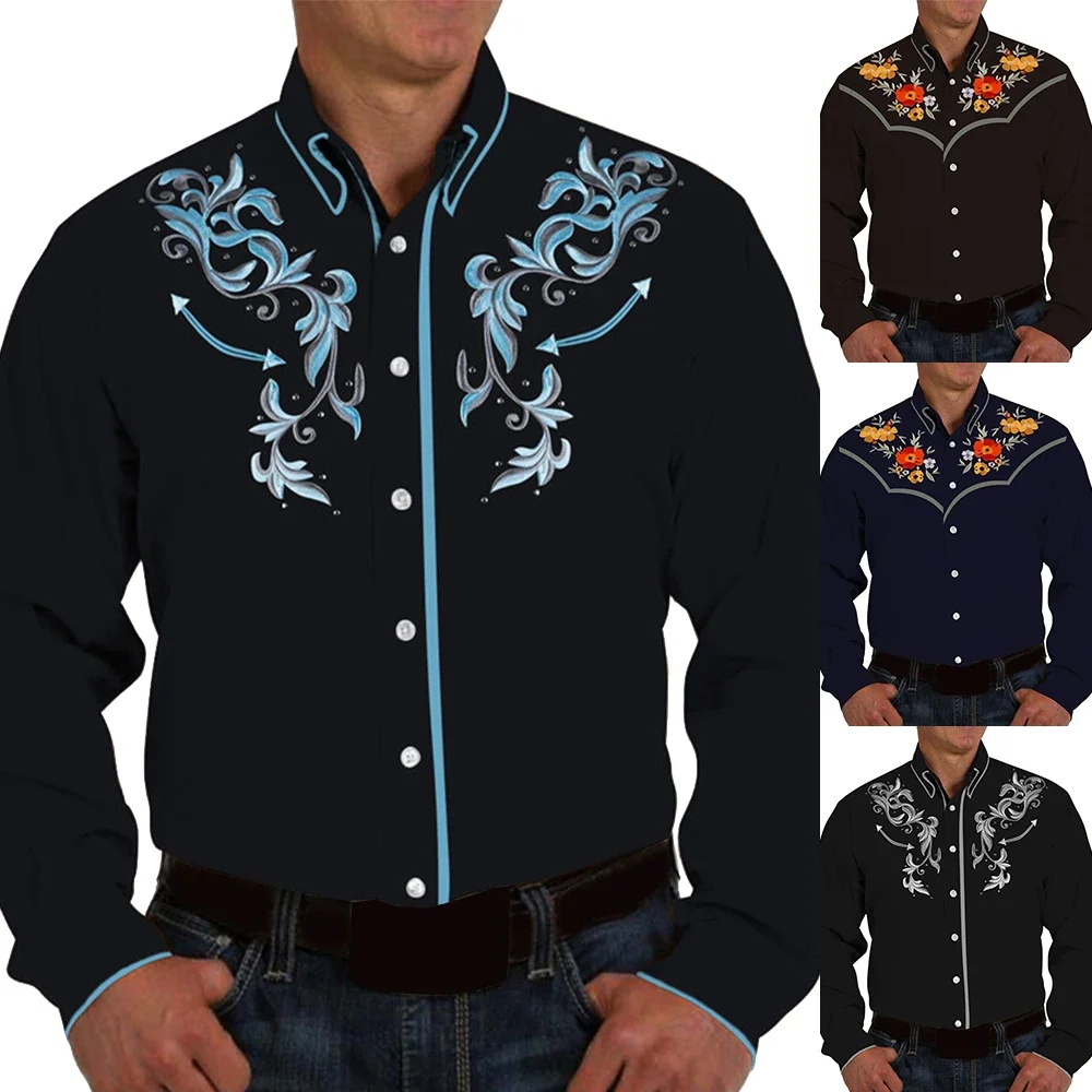 

Fashion Men Western Printed Long Sleeve Shirts Spring Casual Loose Slim Button Down Dress Shirt Vintage Mens Tops