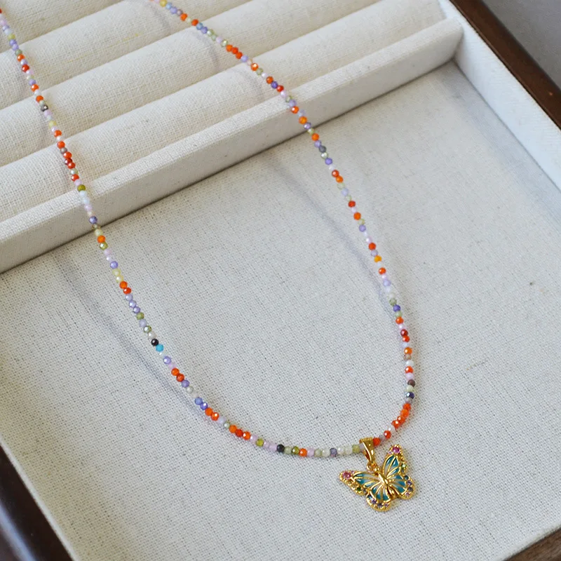 

PRISCA | Korean Fashion Butterfly Necklace. Colored Zircon Beads.45cm. Women Boho Party Jewelry. Copper Charms.1Pcs.Unique