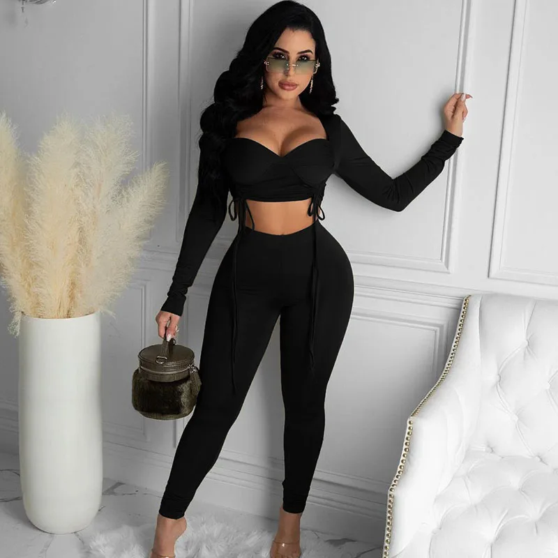 Sexy Night Party Two Piece Set Women Outfits Long Sleeve Drawstring Ruched Crop Top +Legging Pencil Pants Matching Sets Clubwear