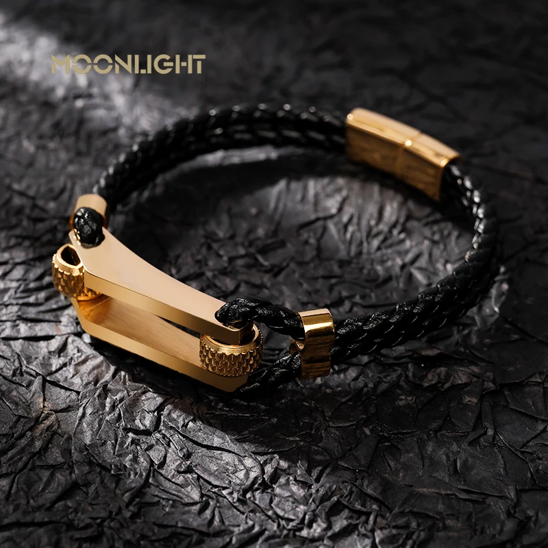 

Luxury Style Irregular Geometry Leather Bracelet Stainless Steel Button Men's Leather Bracelet 3 Colors New Year's Surprise Gift