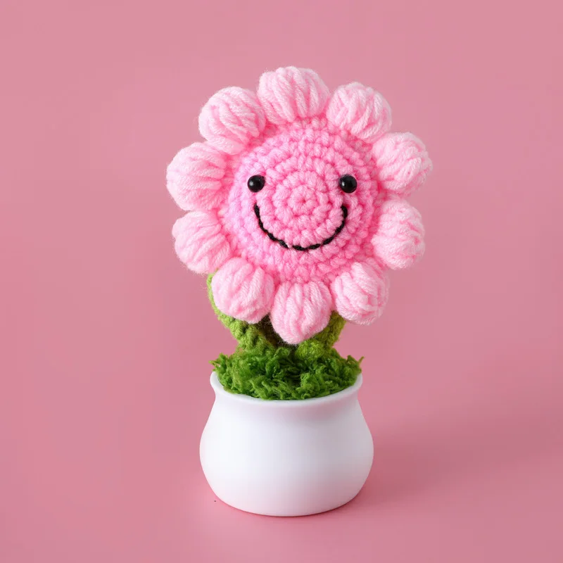 Finished Hand-Crochet Colorful Smiling Sunflower Handwoven Pot Flower Plant Cute Handmade Gift Home Desktop D&eacute;cor Car Decoration