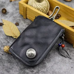 Genuine Leather Men's Key Wallet with Zipper - Compact Coin Purse & Card Holder (Black)