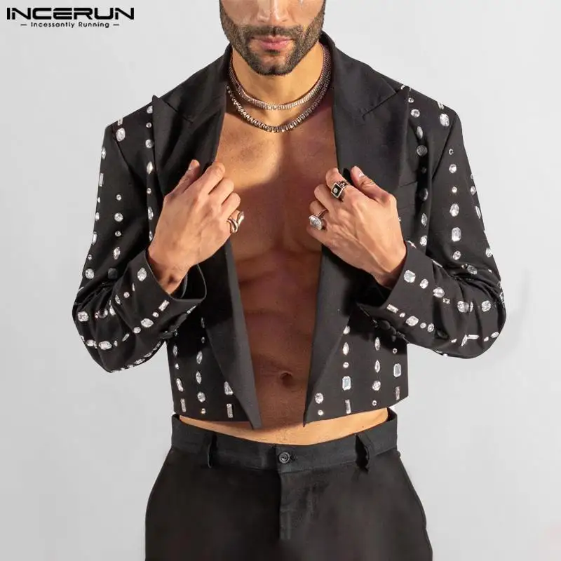 INCERUN Men Lapel Neck Suit Long Sleeve Open Front Diamond Printed Stylish Loose Blazer Commuting Party Cropped Jacket Coat
