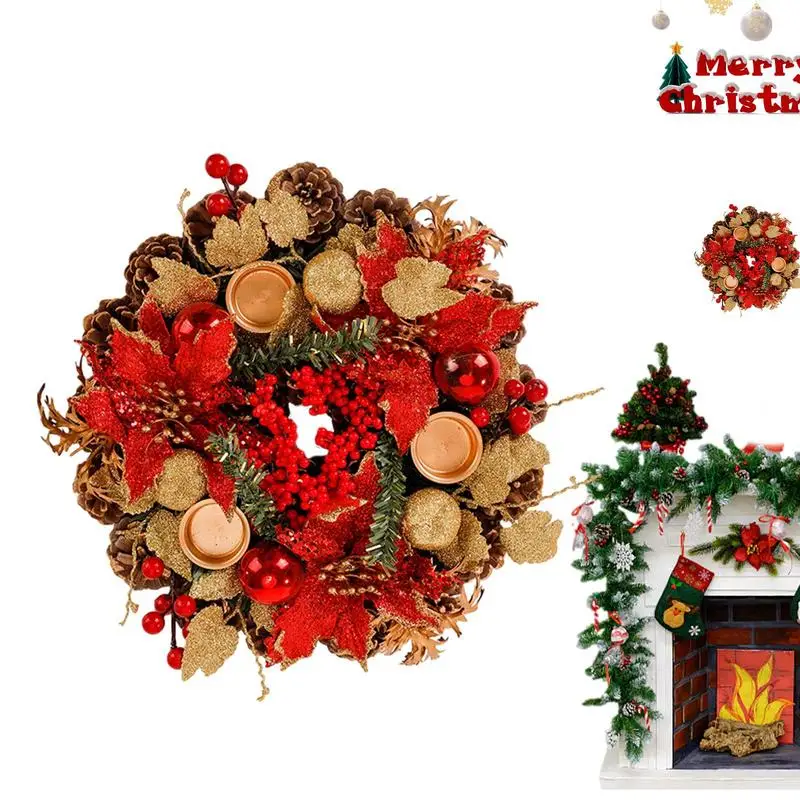 

Рождественский венок для стола, центральный кусок, подсвечник Pinecone, праздничная гирлянда, милое украшение с искусственными красными ягодами