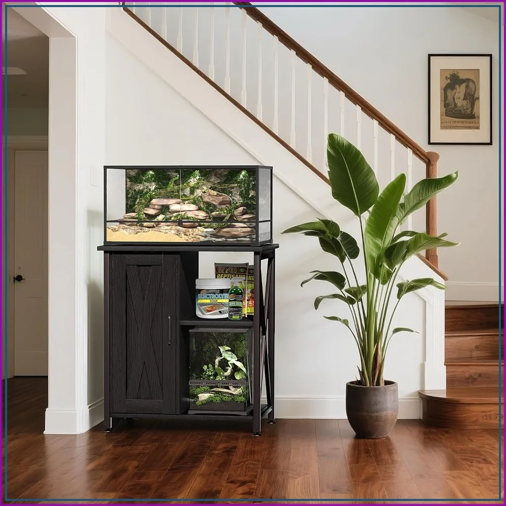 Reptile Tank Stand 67 Gallon with Power Outlet, 24″x18″ Tabletop, Storage Cabinet, Black