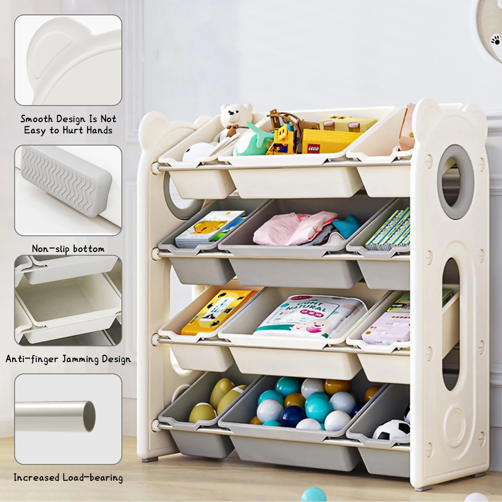 Kids Toy Storage with 12 Removable Plastic Bins,Modern Toy Kids Book Rack Storage Bookshelf,for Playroom,Daycare & Nursery.L