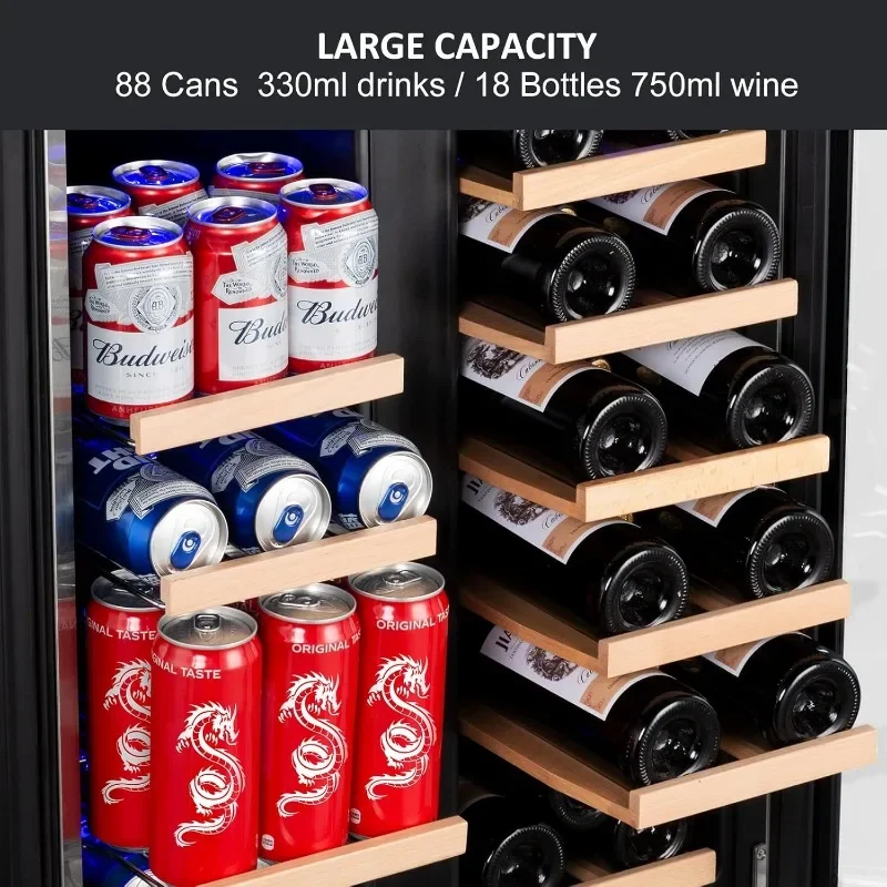 Wine and Beverage Refrigerator, 24 Inch Dual Zone Fridge with Glass Door, Built-In Cooler with Powerful