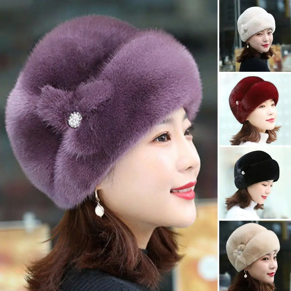 

Winter Hat Russian Flower Decor Thickened Luxury Keep Warm Solid Color Autumn Winter Thermal Middle-aged Women Cap For Outdoor
