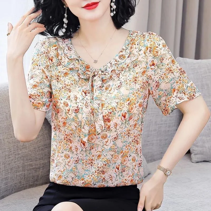 Women Spring Summer Style Chiffon Blouses Shirts Lady Casual Short Flare Sleeve Bow Tie Collar Chiffon Blusas Tops DF4116