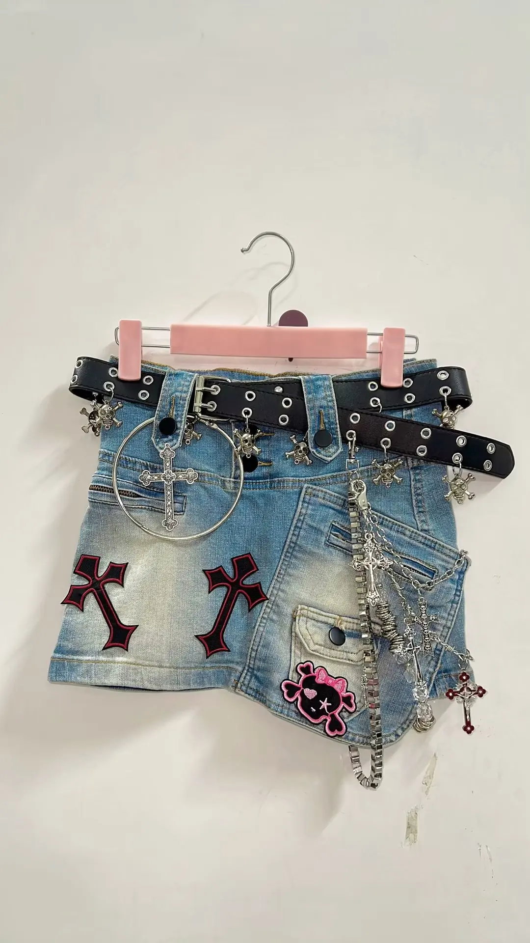 Metal Pendant Chain Denim Mini Skirt 6