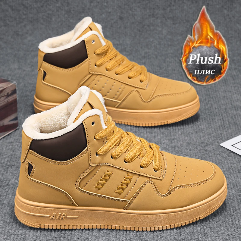 

Trendy Plush Men's High-top Skateboarding Shoes Leather Upper Waterproof And Warm Student Winter Outdoor Casual Shoes