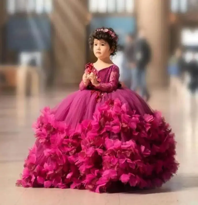 

Fuchsia Puffy Tulle Flower Girl Dresses Lace Handmade Flower V Neck Kids Pageant Dress Long Sleeve Girls Birthday Party Gowns