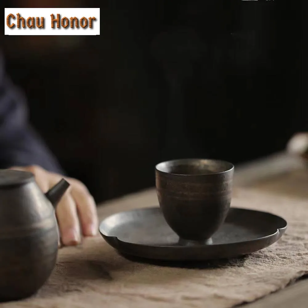 2pc/set Handmade Iron Guft Glazed Tea Cup Retro Thin Body Personal Cup Pu'er Master Tea Bowl Coarse Pottery Kung Fu Tea Set Gift