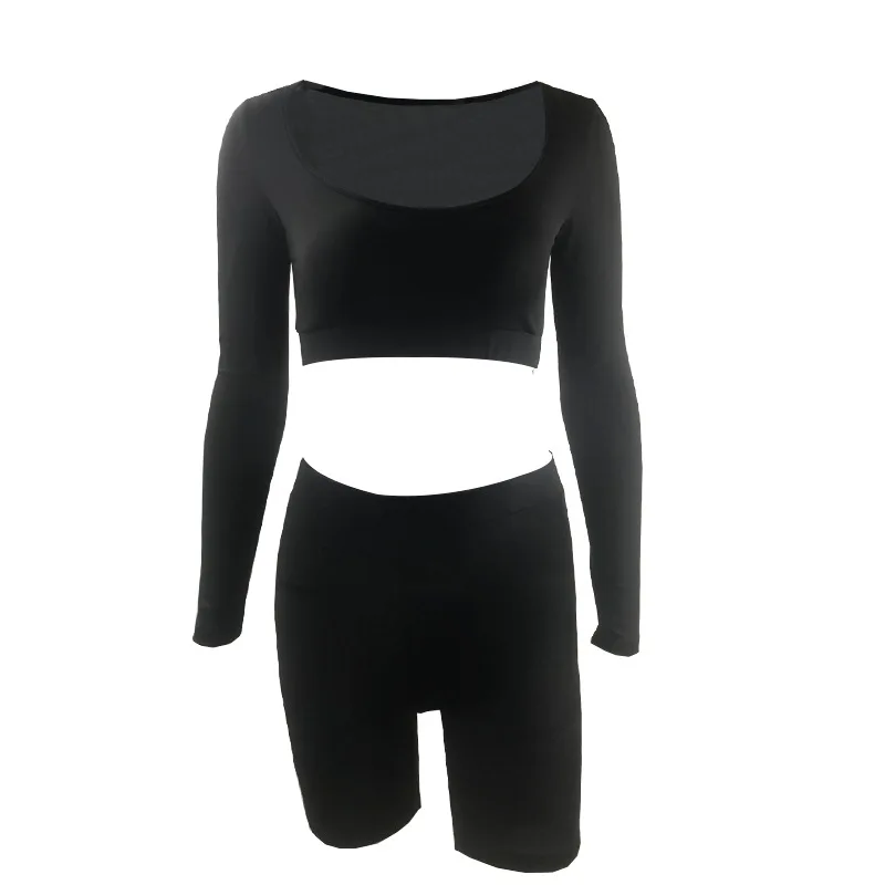 Women Matching Set Long Sleeve Fashion Casual Two Piece Outfits Basic Crop Top and Biker Shorts Sets Boxing Robe
