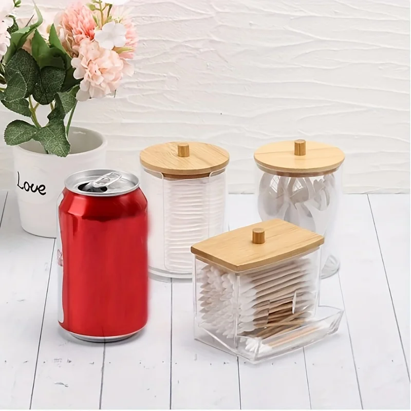 3pcs 욕실 주최자 액세서리 세트 투명 플라스틱 뚜껑, 면봉 디스펜서, 컨테이너 항아리와 Qtips 홀더 보관