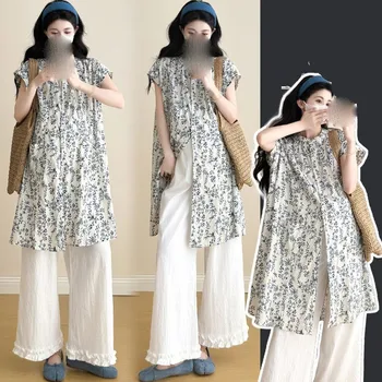 2026 New Pregnant Summer New Loose Shirt and Pants Set Maternity Printed Top and Pants 2-piece Set Maternity Clothing Set LJ356