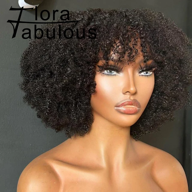 Perruque afro bouclée avec frange pour femmes noires, cheveux humains crépus, densité 200, non-dentelle, 100% vierge, document naturel 1