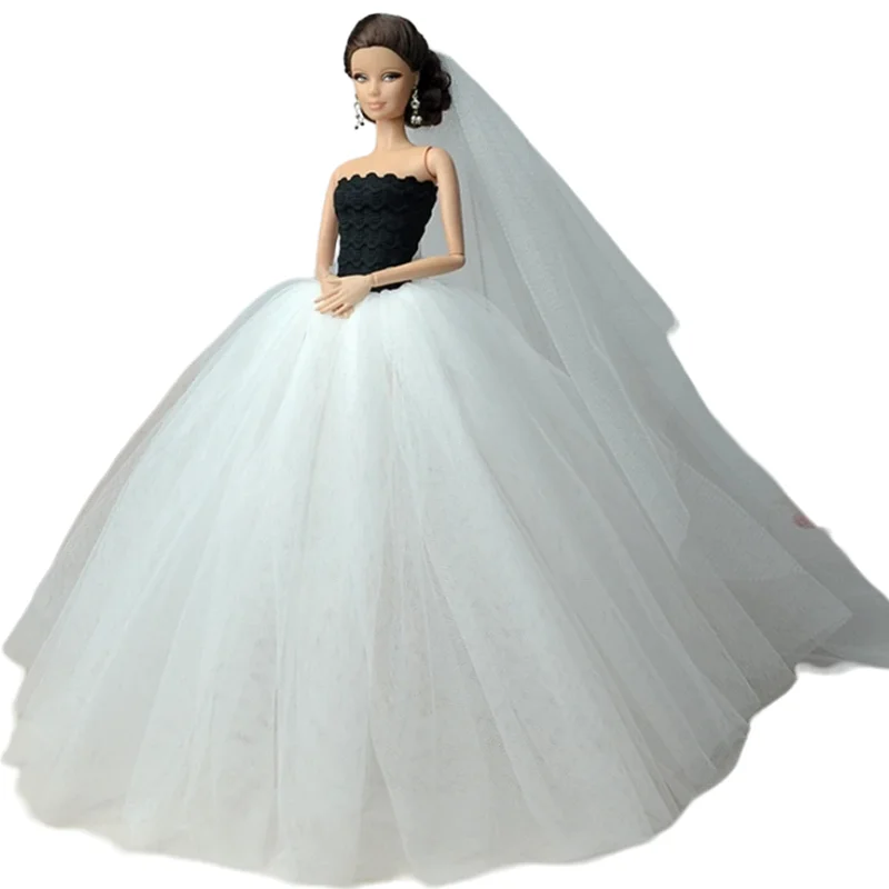 Doll Clothes Doll Dresses Long Tail Evening Gown Wedding Dress +Veil for Barbie Doll Accessories