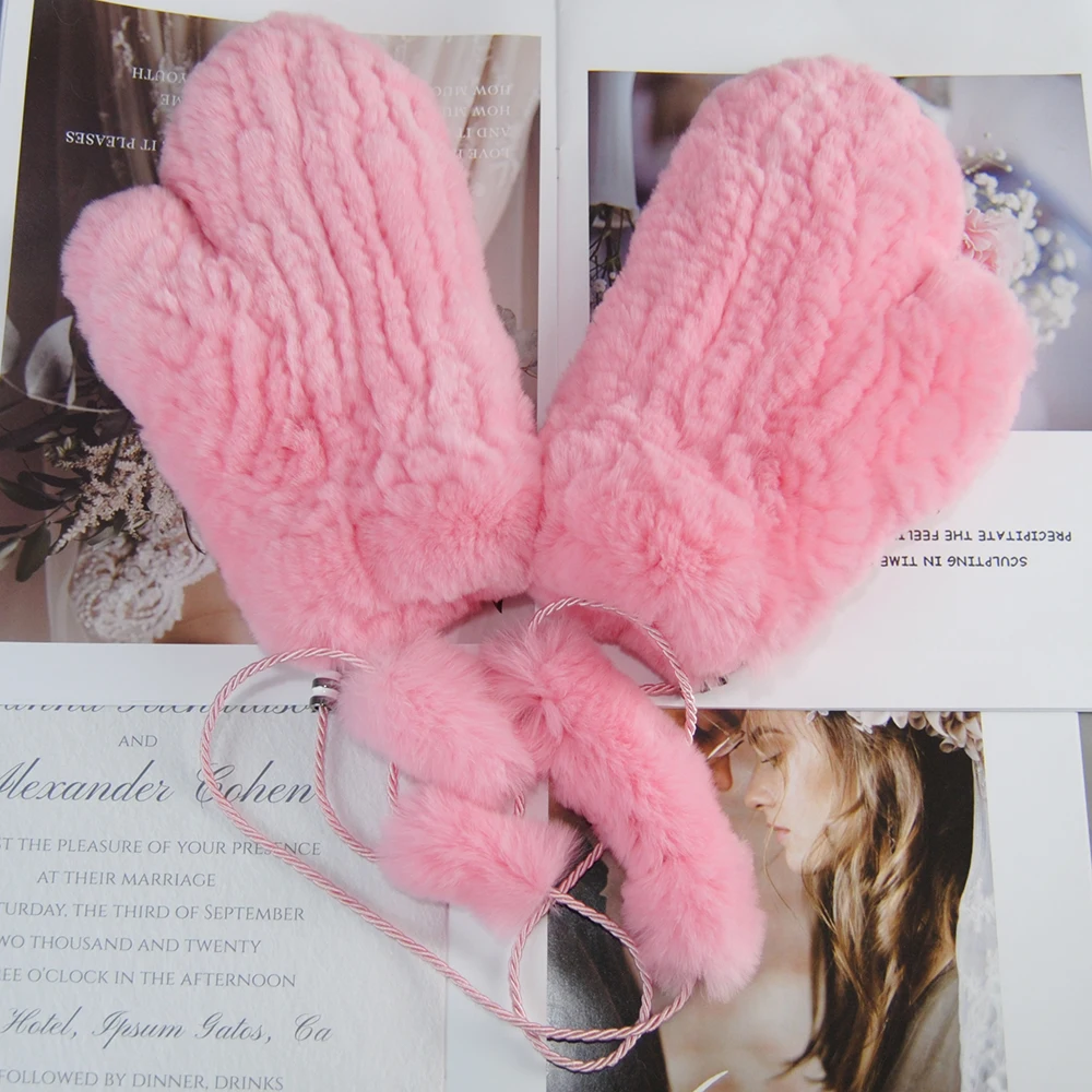 Women's Winter Real Rex Rabbit Fur Wrist Gloves Warm Thick Ladies Fur Mittens Elastic Girls Snow Ski Glove Mitts Elastic Soft
