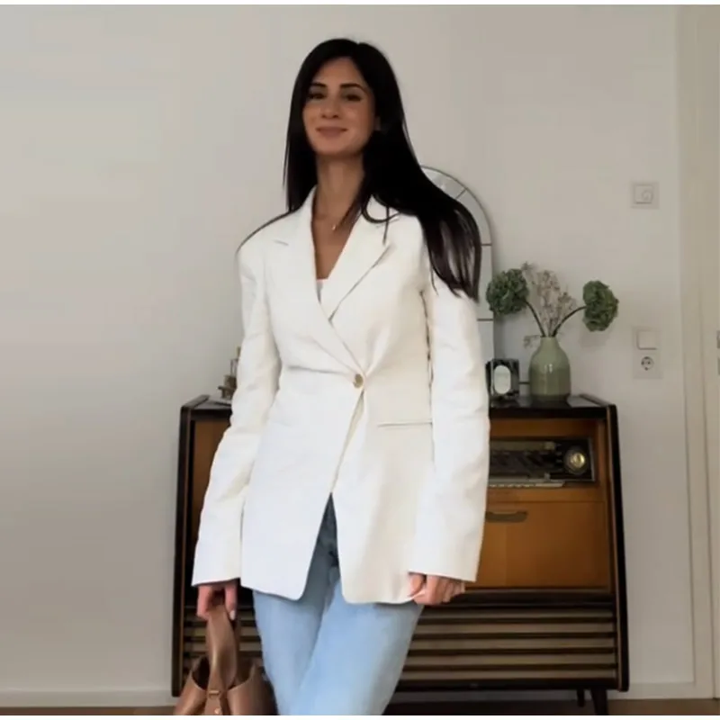 Blazer ajustado de moda para mujer, chaqueta de traje lisa de manga larga con un solo botón y cuello con muesca, primavera 2025, conjuntos de calle para mujer