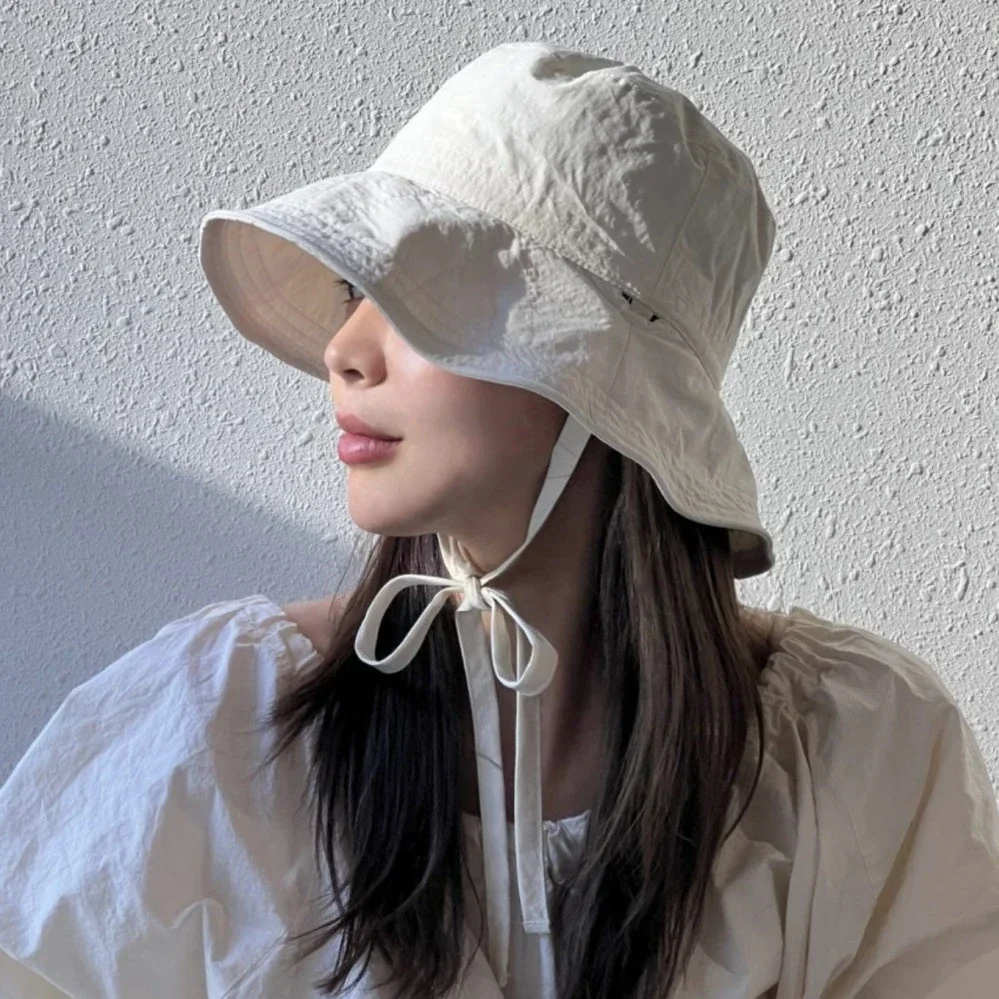 

Korean Ins Lace-up Fisherman Hat Women Ins Blogger Lightweight Windbreak Windproof Rope Sunshade Basin Hat Sun Bucket Hat Caps