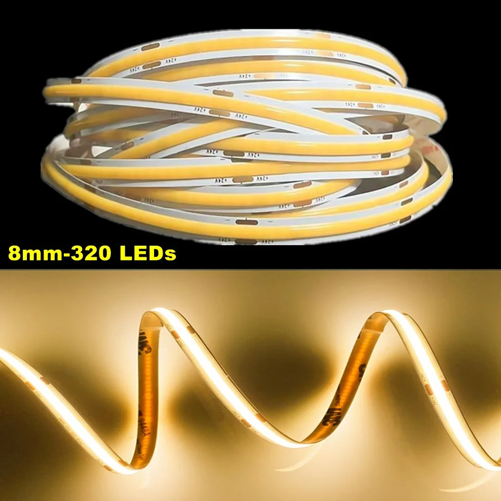 COB LED Strip Lights DC12V 24V 320LEDs/M High Density Flexible LED Tape DC Plug/ 2pin Wire RA90 Kitchen Room Decor 8mm panel