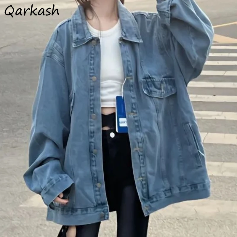 

Джинсовые женские куртки с отложным воротником, однобортные Простые Модные Свободные Студенческие куртки в Корейском стиле с карманами, Весенняя шикарная одежда