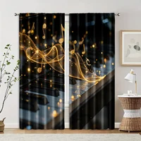 2 pcs, filtering curtains (excluding rods, non-movable, without batteries) Golden Piano & Musical Notes for use in bedrooms and 1