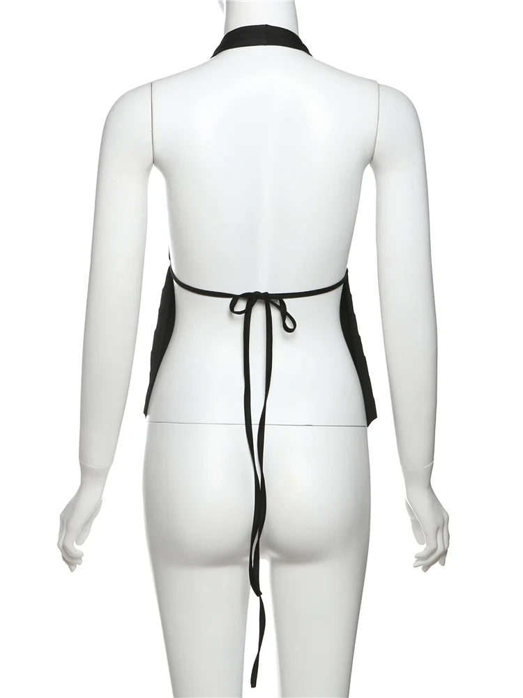 Nibber Irregular Hem Women v-Neck Simple Sleeveless Wild Street Backless Metal Trim Frenulum Halter Sexy Fashion Hottie Vest