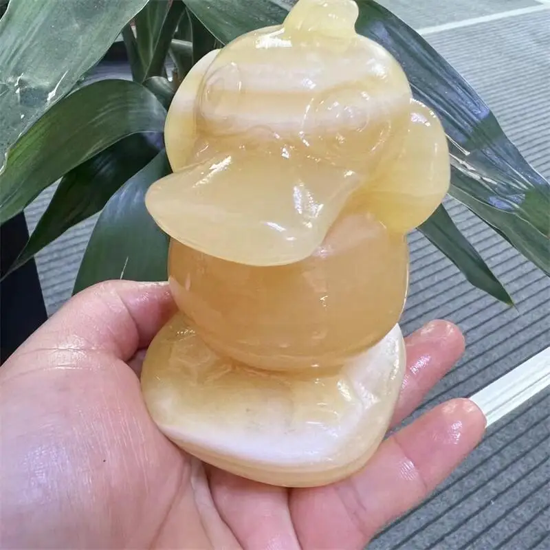 

10CM Natural Yellow Calcite Cartoon Duck Carving Cute Healing Ornaments Home Decoration Christmas Present 1PCS