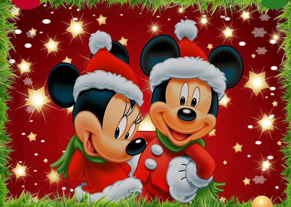 Mickey and Friends Christmas Backdrop Winter Snow Village Glitter Xmas Background Mickey Mouse for Kids Party Christmas Minnie