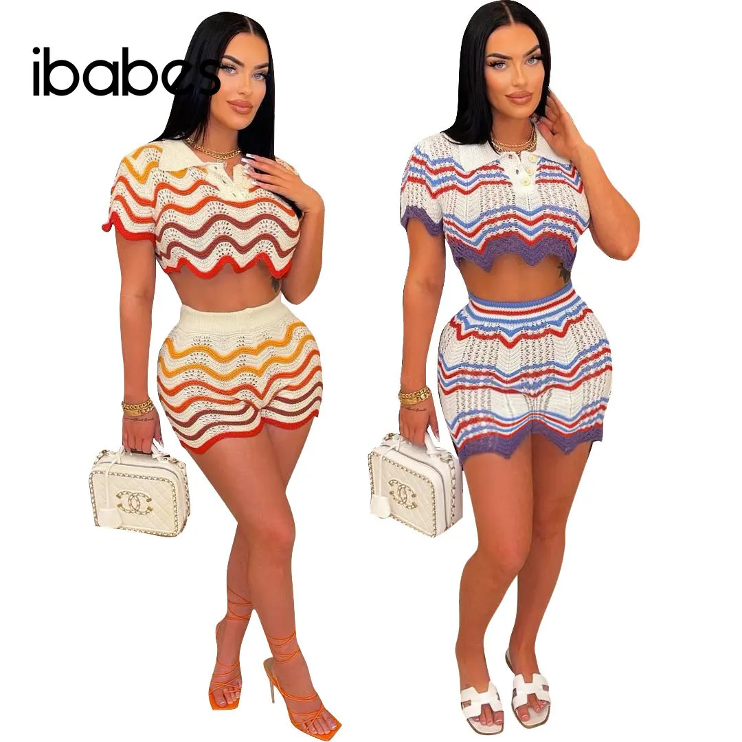 

Striped Color Contrast Wave Knitted Two Piece Set Women Hollow Out Turn Down Collar Slim Short Sleeve Crop Tops and Shorts Suits