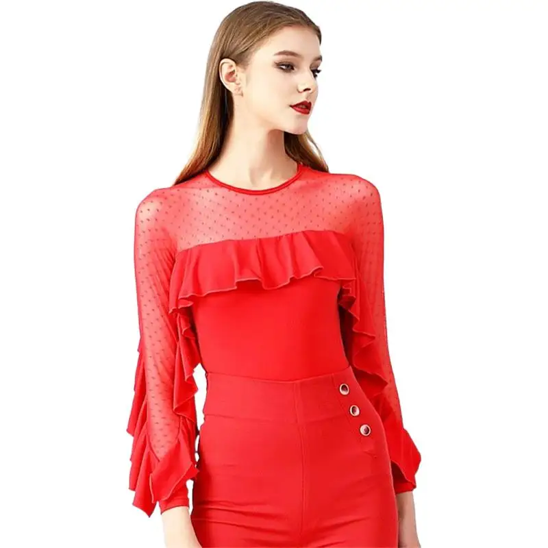 

Professional High Quality Fashion Women Girls Long Sleeve Sexy Mesh Red Ballet Latin Ballroom Dance Leotard Top