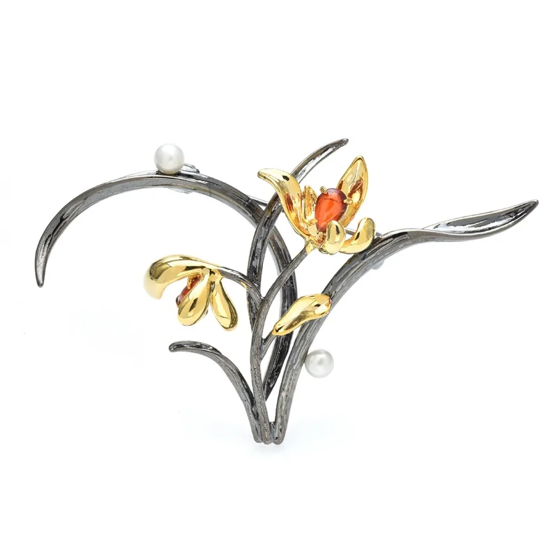 

Wuli&baby Exquisite Orchid Flower Brooches For Women Unisex Elegant Pretty Plants Party Office Brooch Pin Gifts