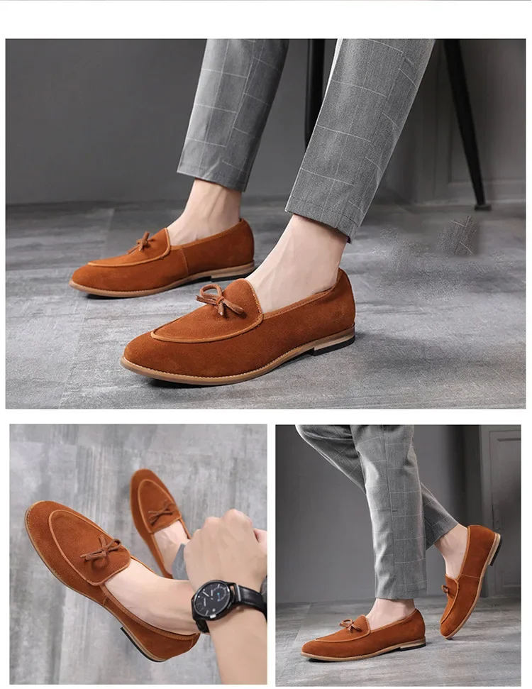 Men's Casual Shoes Suede Genuine Leather Men Trendy Bowknot Party Wedding Loafers Moccasins Mens Driving Flats