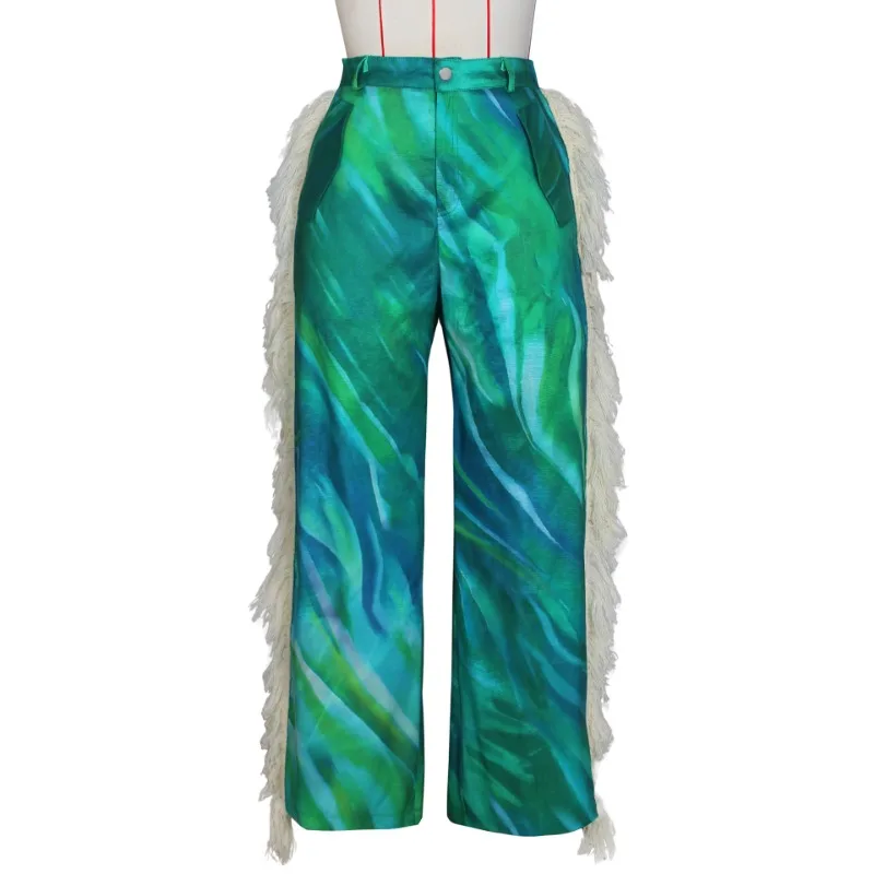 Fashion Printed Tassel Straight Leg Casual Pants 2024 Summer New High Waist  Medium Strecth Women's Trousers Streetwear
