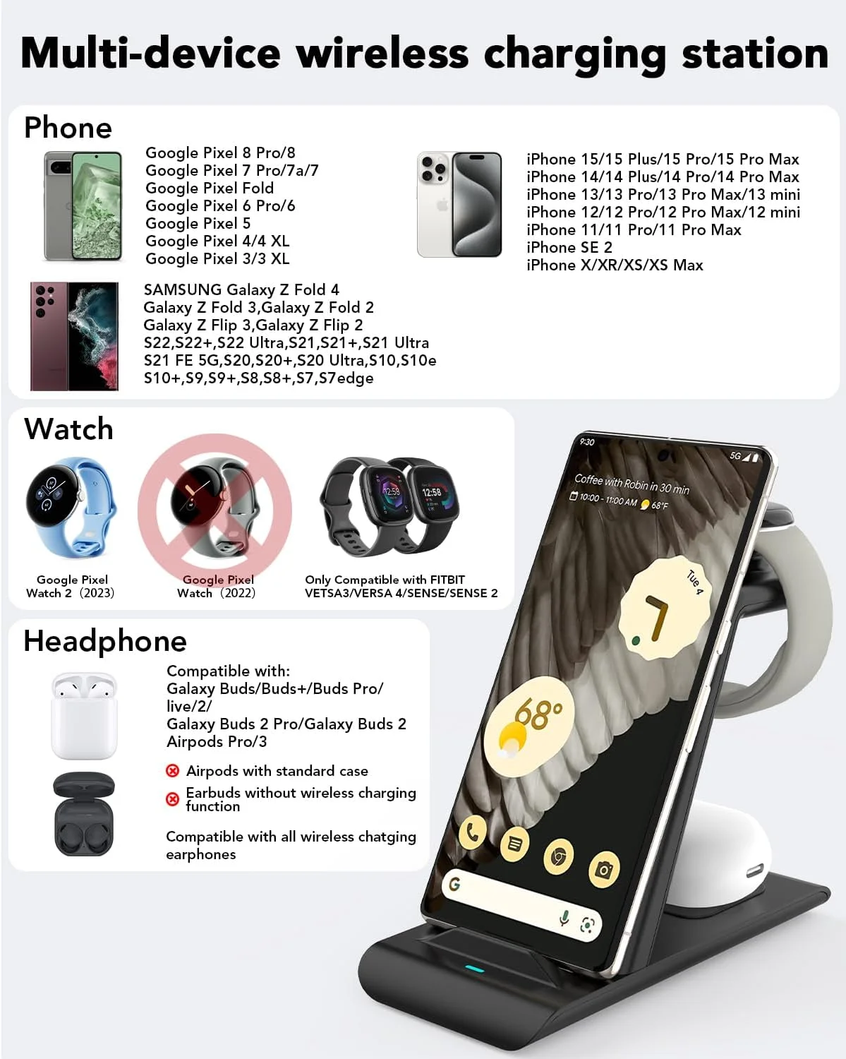 Google Pixel 3 XL 超良品 ワイヤレス充電器付き アップグレードされた 3 in 1 ワイヤレス充電器、複数のデバイス
