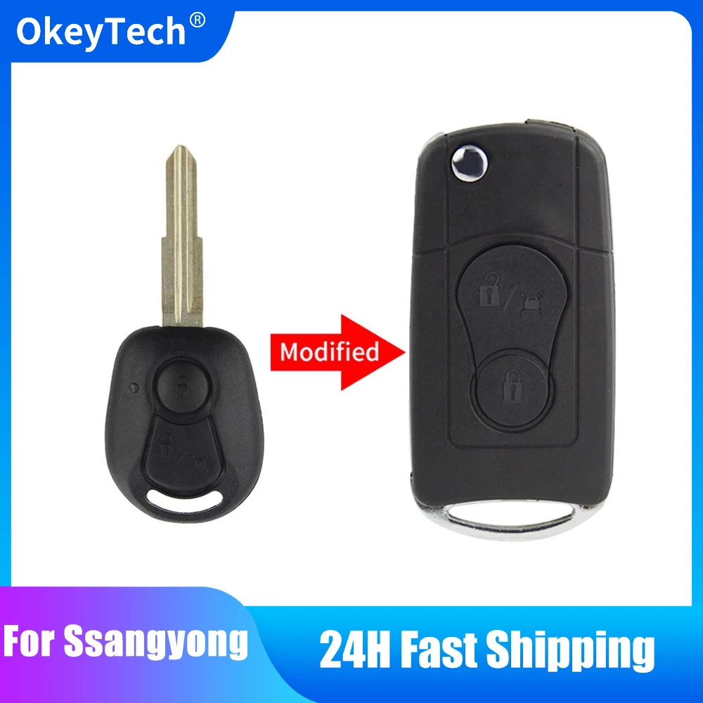 OkeyTech 2 Buttons Modified Flip Folding Remote Car Key Case For SsangYong Actyon Kyron Rexton Key Shell Case Blank Uncut Blade Key case Car key shell Key shell