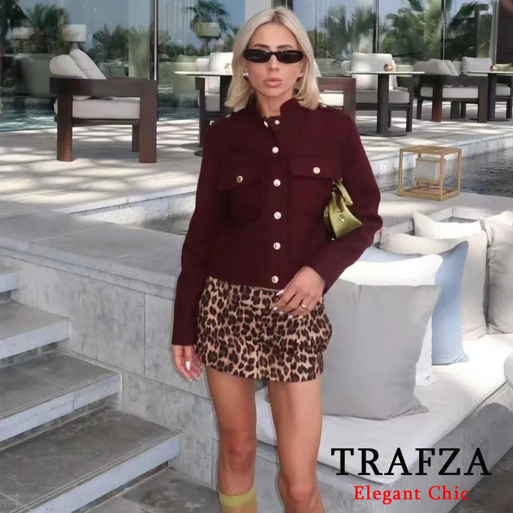 TRAFZA Women Vintage Soft Tweed Jacket Gold Color Button Half Collar Jacket Autumn Fall Fashion women tweed jacket