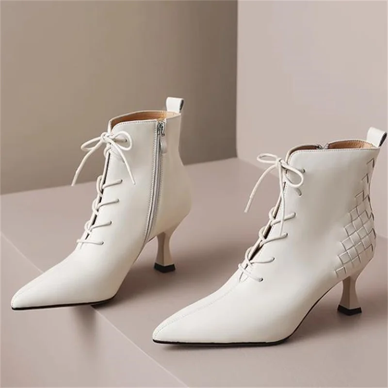 

Crossover Strap Shoes for Women Weaven Ladies High Heels Solid Chassure Femme Lace-up Female Botas Side Zippers Zapatos De Mujer