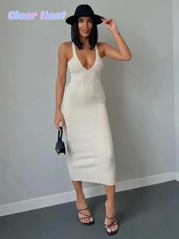 

Sexy Solid V Neck Knitted Sling Dresses For Women 2023 Sleeveless Backless Wrap Hip Dress Summer Ladies Night Party Club Vestido