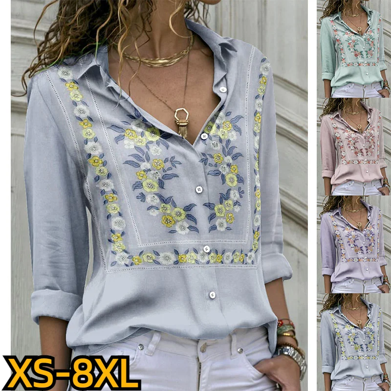 

New Design Printing Top Women Sexy V-neck Blouse Summer Autumn Elegant Button Long Sleeve Ladies Fashion Clothes Vintage Shirt