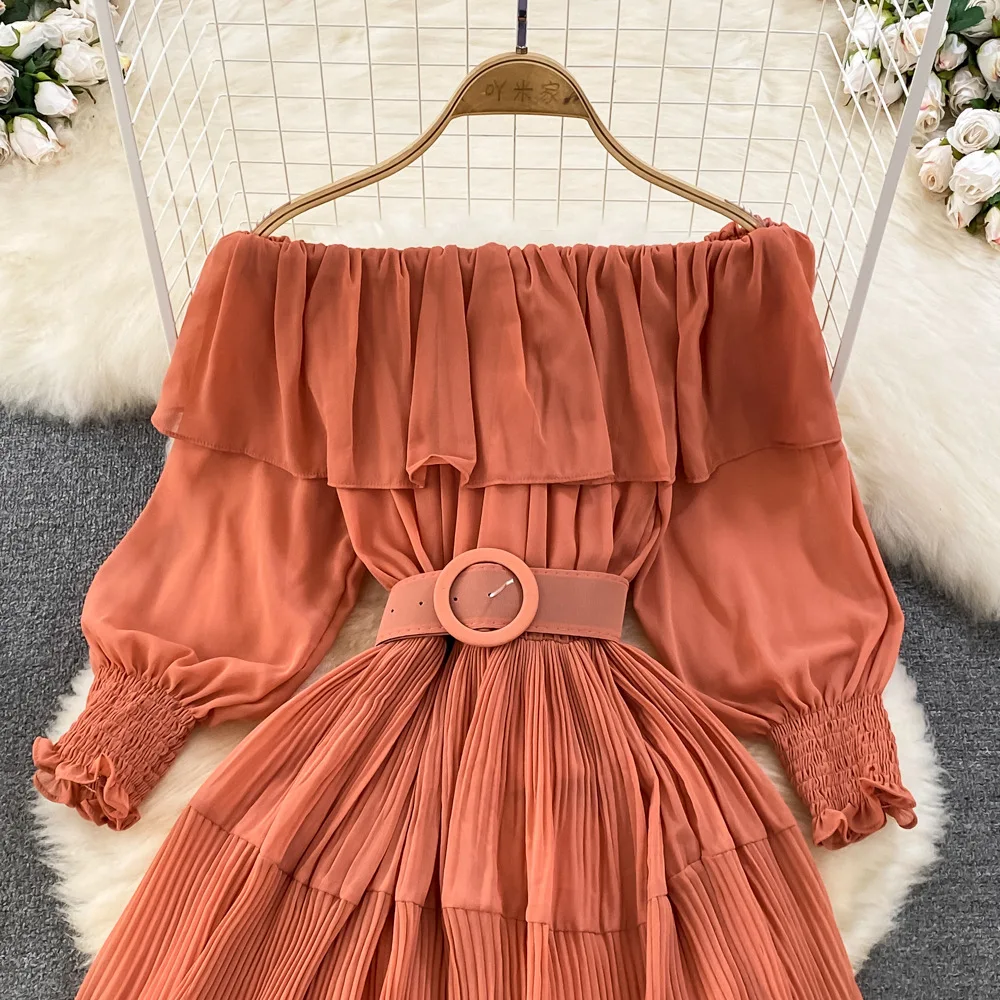 Women Vintage Off Shoulder Dress Chiffon Summer Sweet Lotus Leaf Edge Elegant Pleated Dresses Ladies Evening Party Long Dress