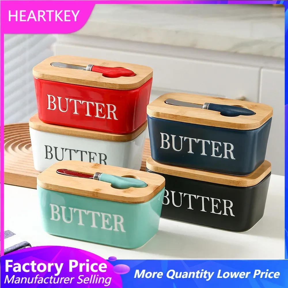 Nordic Butter Sealing Box Ceramic Butter Plate Cheese Storage Tray Dish Container Box Dish with Wood Lid and Knife