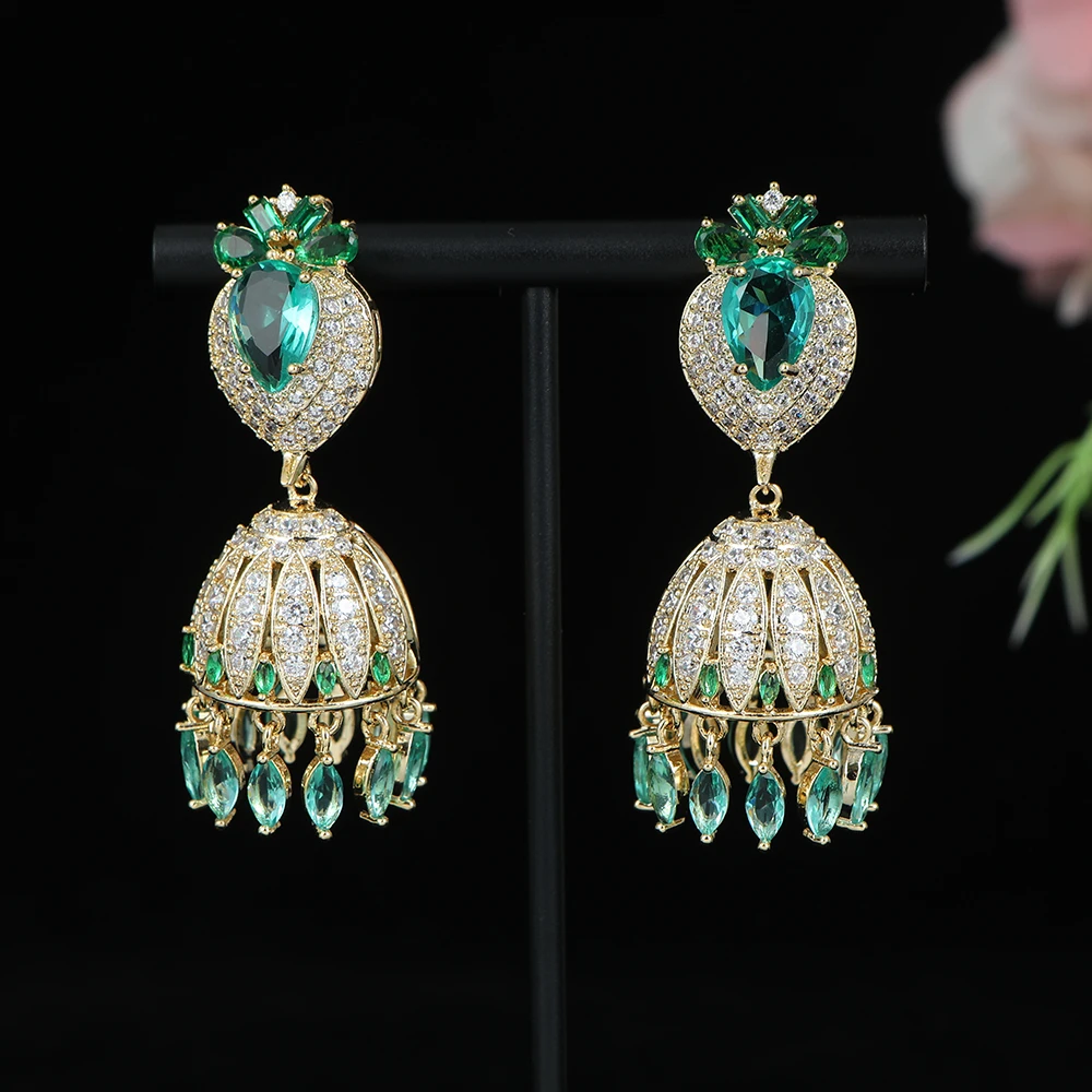 

Luxury Trendy Green Bell Earrings for Women Wedding Cubic Zircon Fashion Engagement Party Jewelry pendientes mujer moda A0247