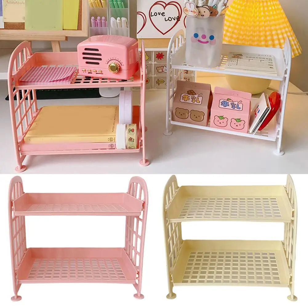 1PC PP Desktop Double Layer Storage Rack Rectangular White Organizing Student Desk Office Cosmetics Stationery storage racks